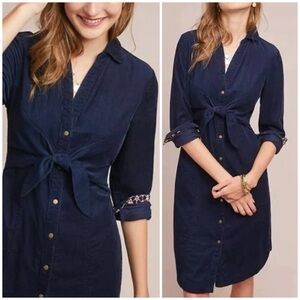 Anthropologie Navy Blue Long Sleeve Tie-Waist Shirt Dress